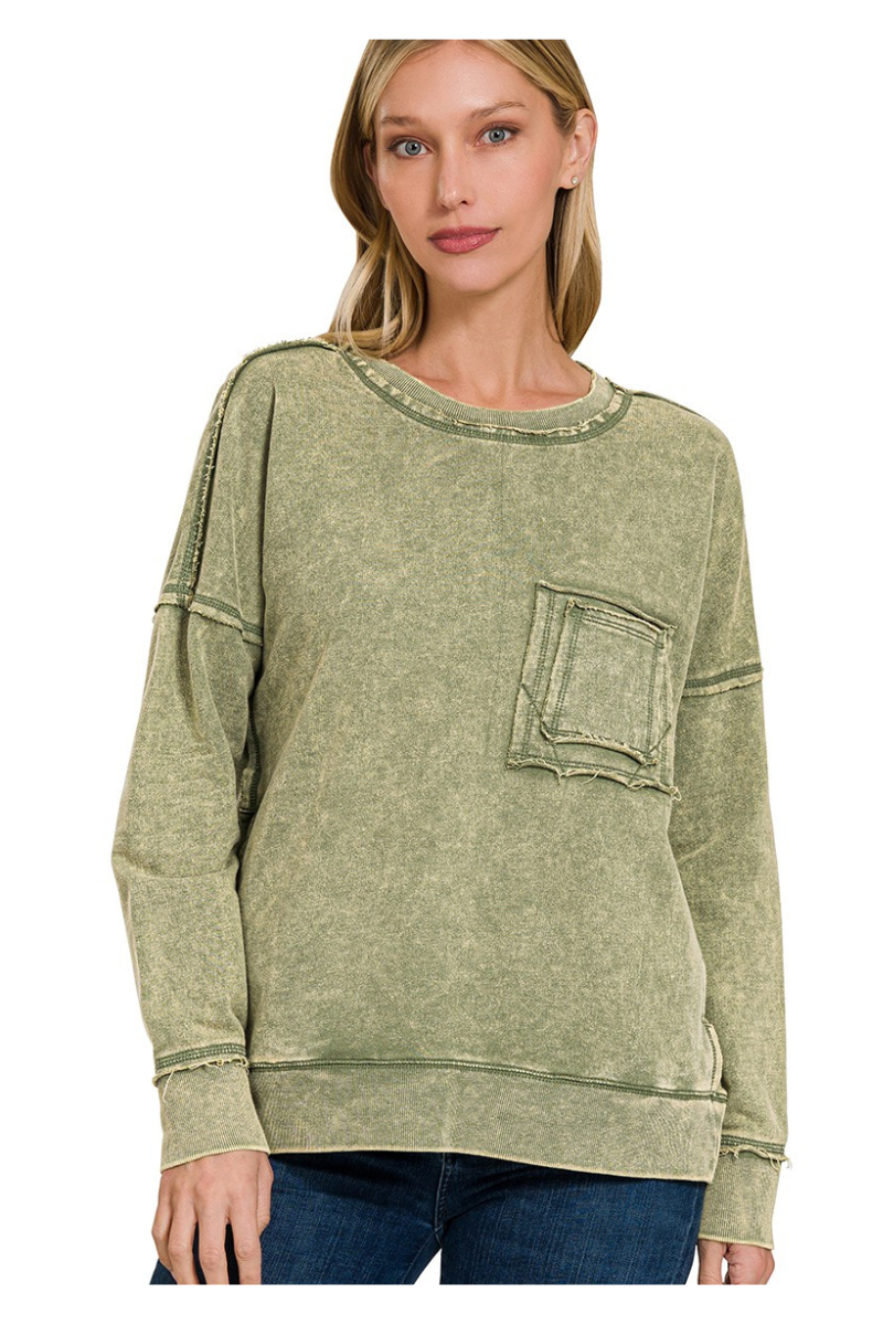 Mineral Washed Olive Pullover