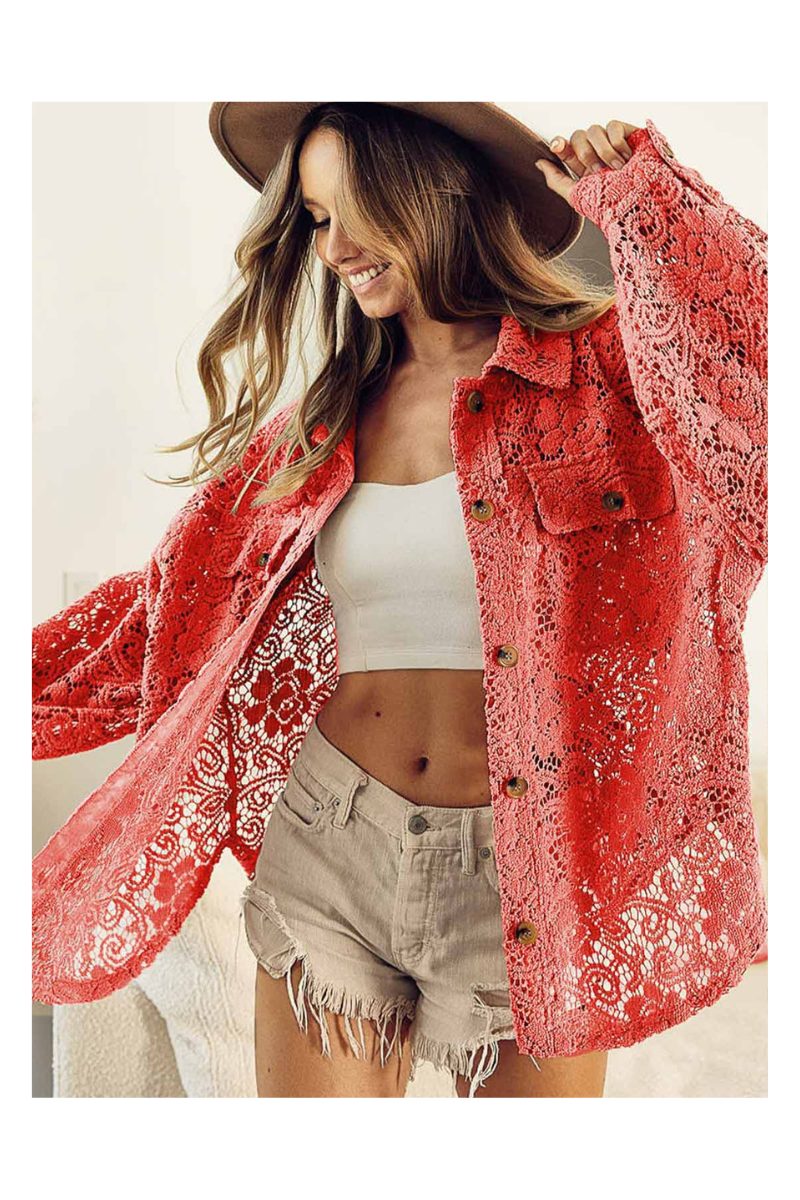 Oversized Lace Shacket in Coral Red