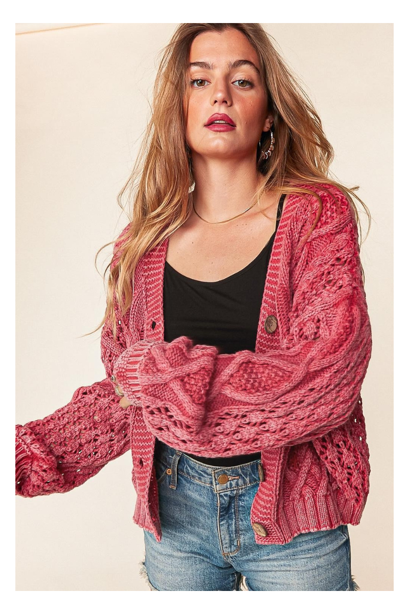 Mineral Washed Curvy Cardigan in Santa Red